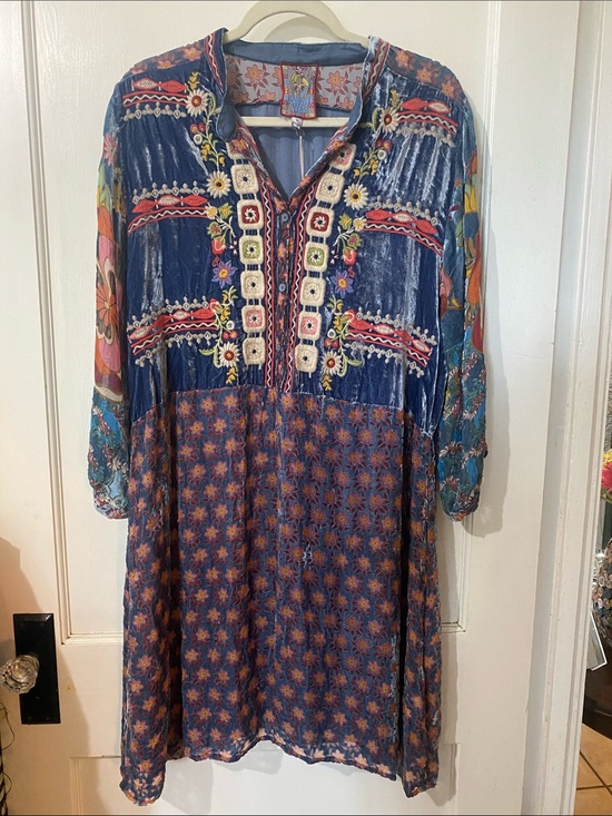 Johnny Was Dresses & Skirts - Johnny Was Navy Multicolor Embroidered Velvet-Panel Boho Long Sleeve Dress